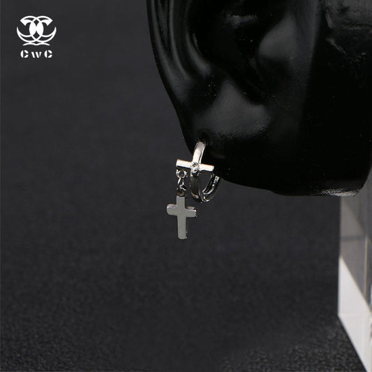 Silver Cross Dangle Hoop Earring