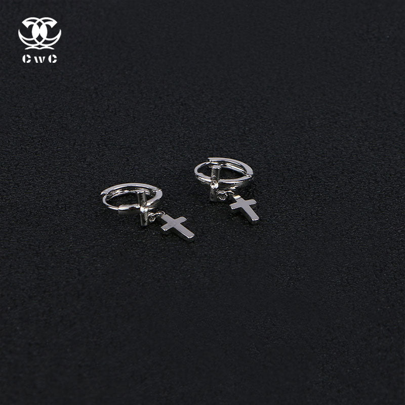Silver Cross Dangle Hoop Earring