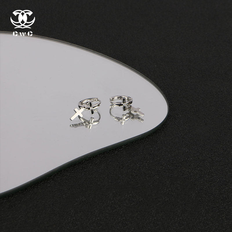 Silver Cross Dangle Hoop Earring