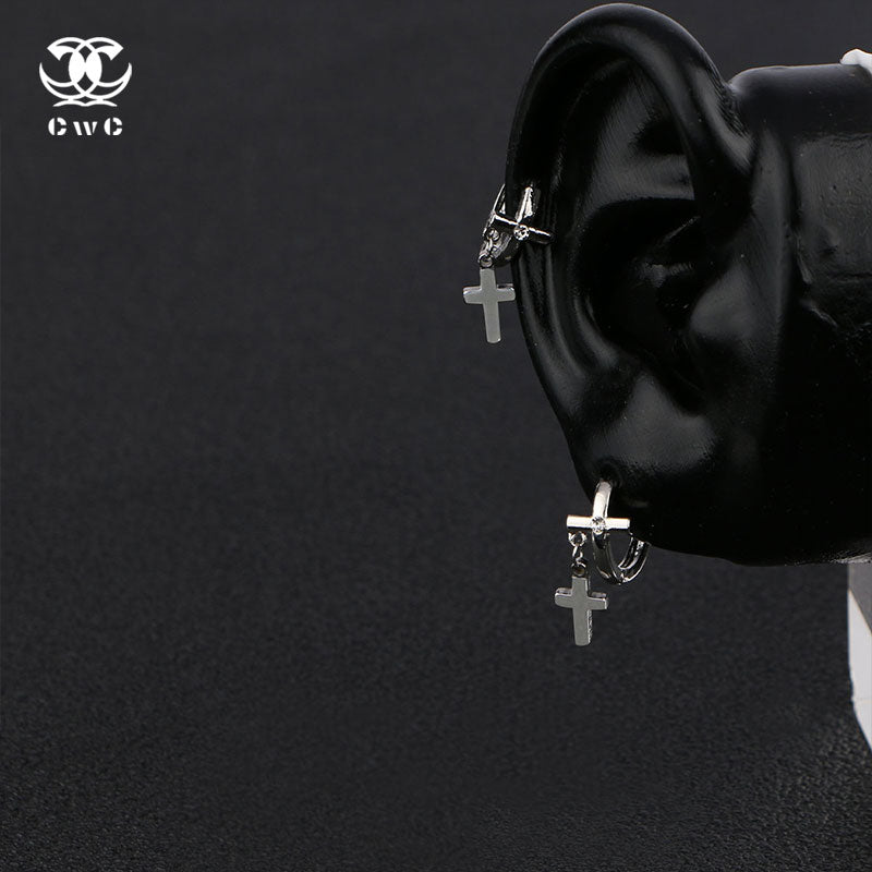 Silver Cross Dangle Hoop Earring