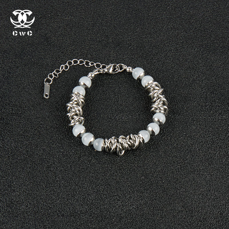 Chunky Silver Chain Bracelet with Frosted White Beads