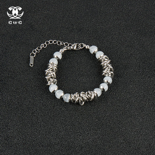 Chunky Silver Chain Bracelet with Frosted White Beads