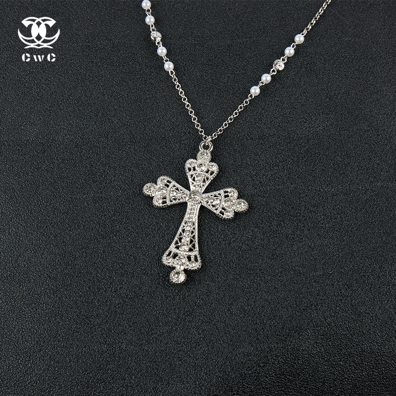 Pearl Rhinestone Cross Necklace