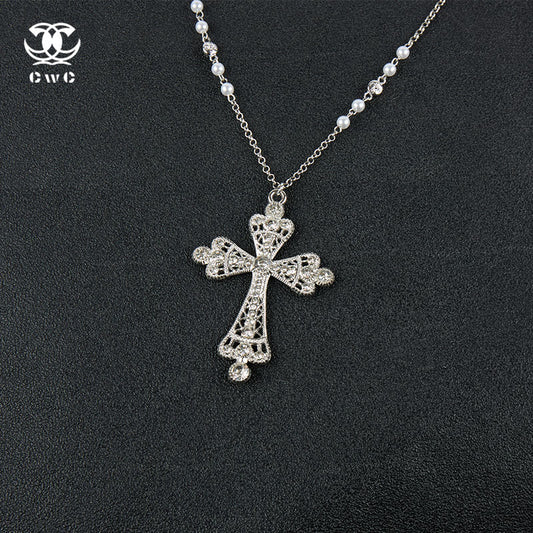 Pearl Rhinestone Cross Necklace