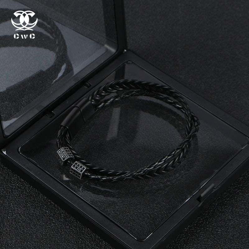 Obsidian Twist Bracelet | Black Braided Leather & Zircon Steel – CwC ...