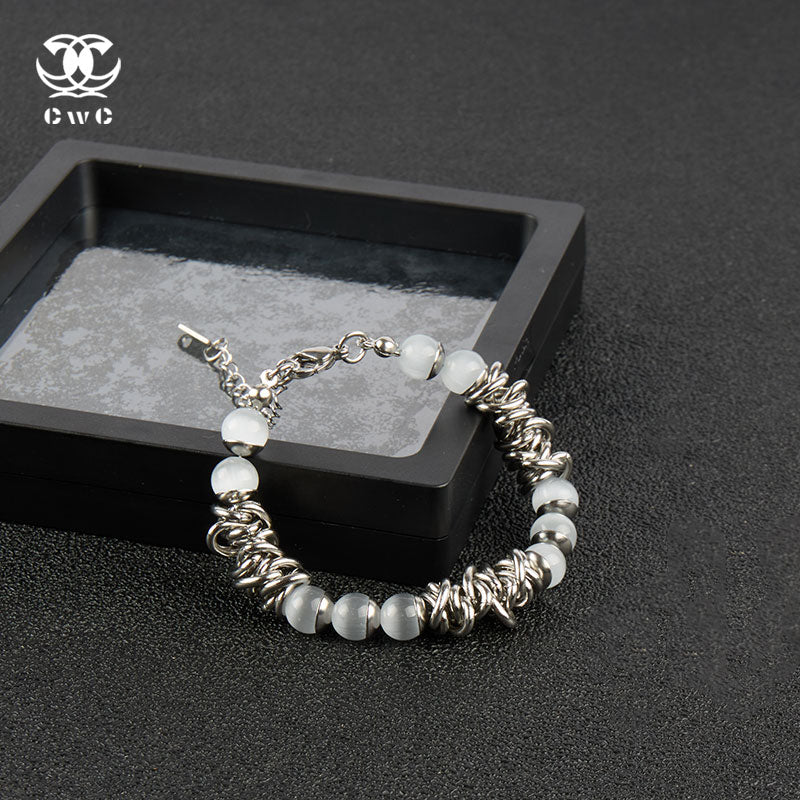 Chunky Silver Chain Bracelet with Frosted White Beads