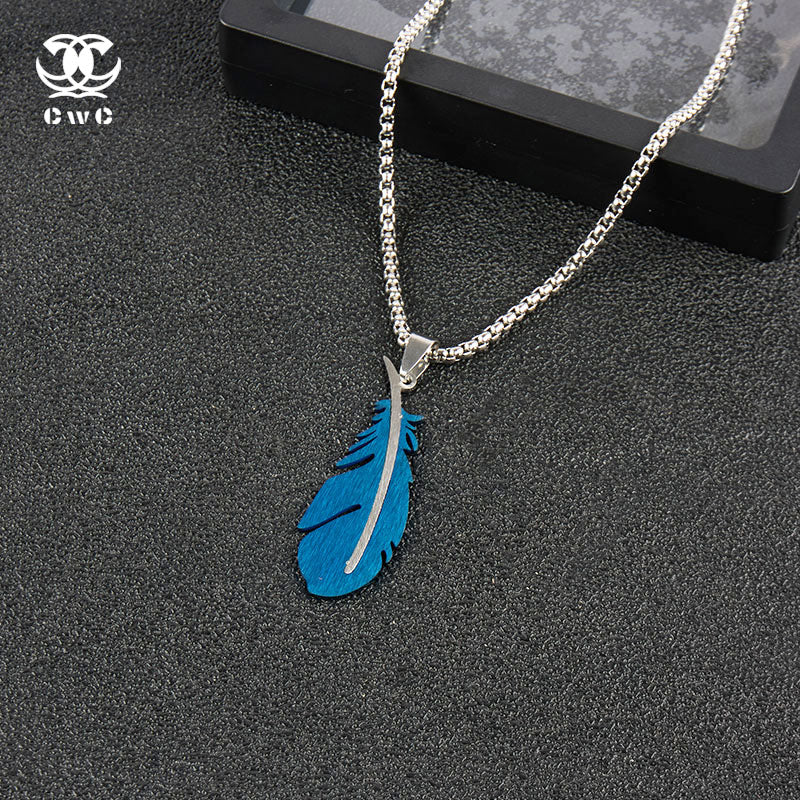 Blue Feather Pendant Necklace
