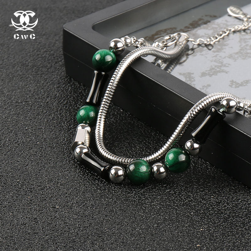 Malachite & Silver Layered Charm Bracelet