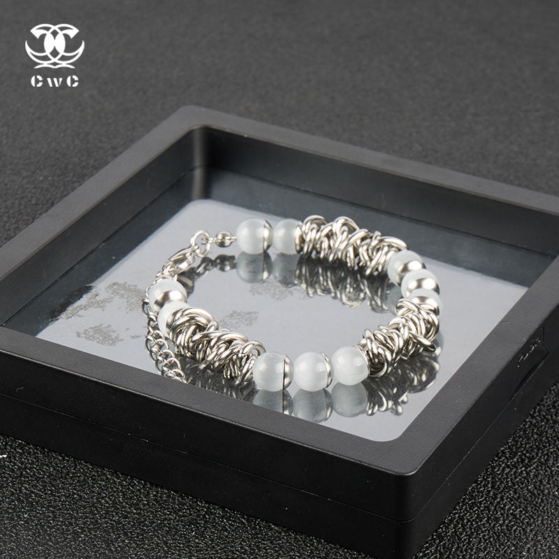 Chunky Silver Chain Bracelet with Frosted White Beads