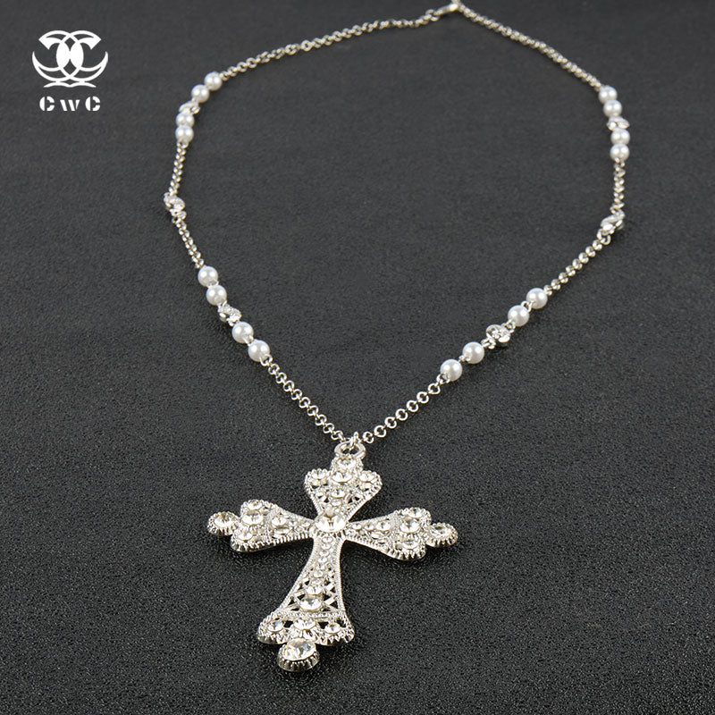 Pearl Rhinestone Cross Necklace
