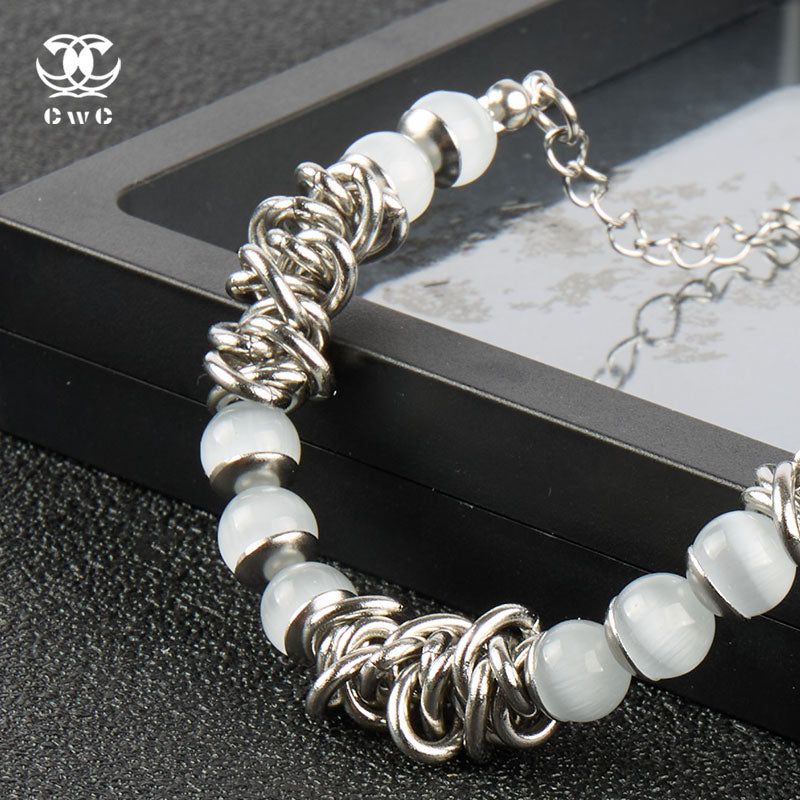 Chunky Silver Chain Bracelet with Frosted White Beads