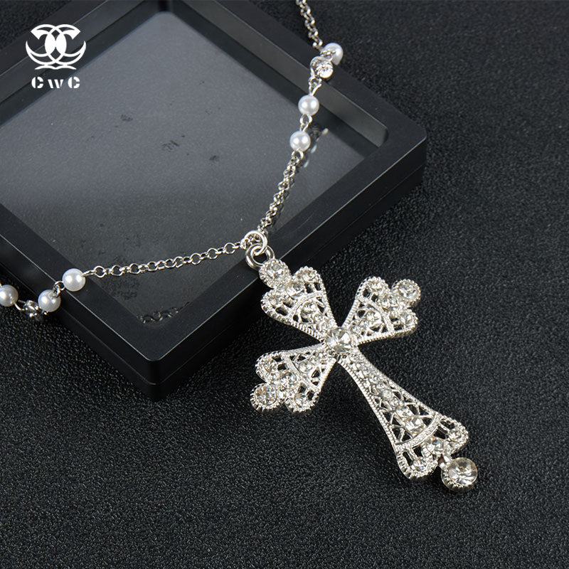 Pearl Rhinestone Cross Necklace