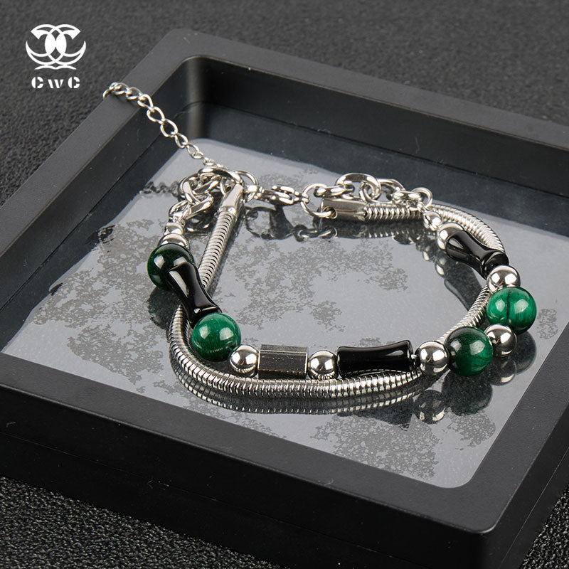 Malachite & Silver Layered Charm Bracelet