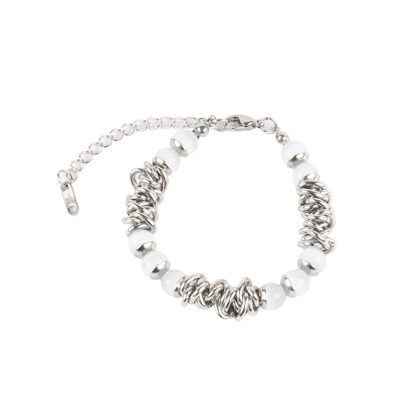 Chunky Silver Chain Bracelet with Frosted White Beads