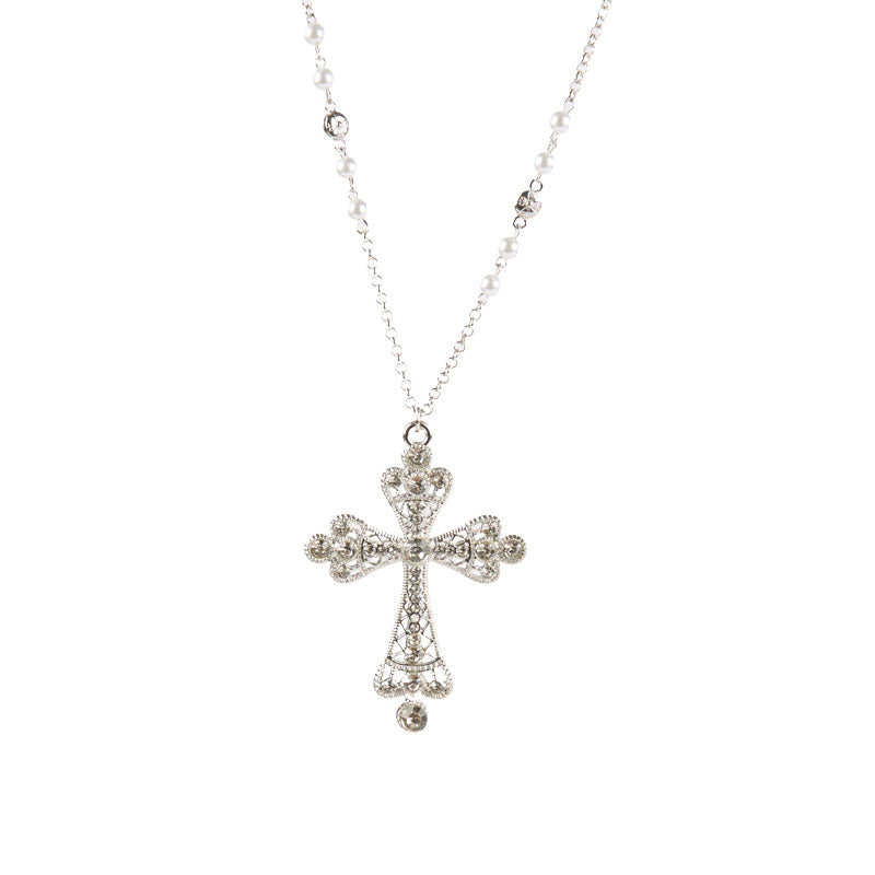 Pearl Rhinestone Cross Necklace